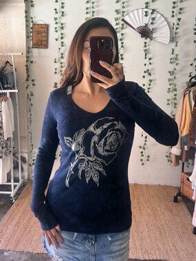 Vintage Y2K Sledge USA navy blue tie dye hooded ribbed long sleeve